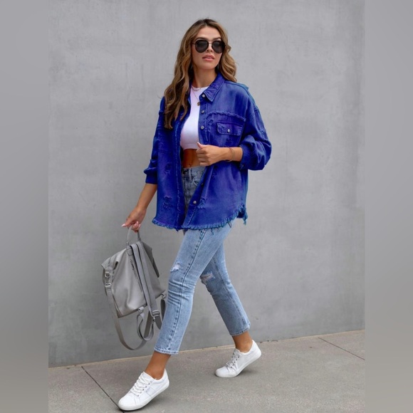 New In Package, Women's Plain Button Front Ripped
Coat, XL, Royal Blue - Picture 4 of 8